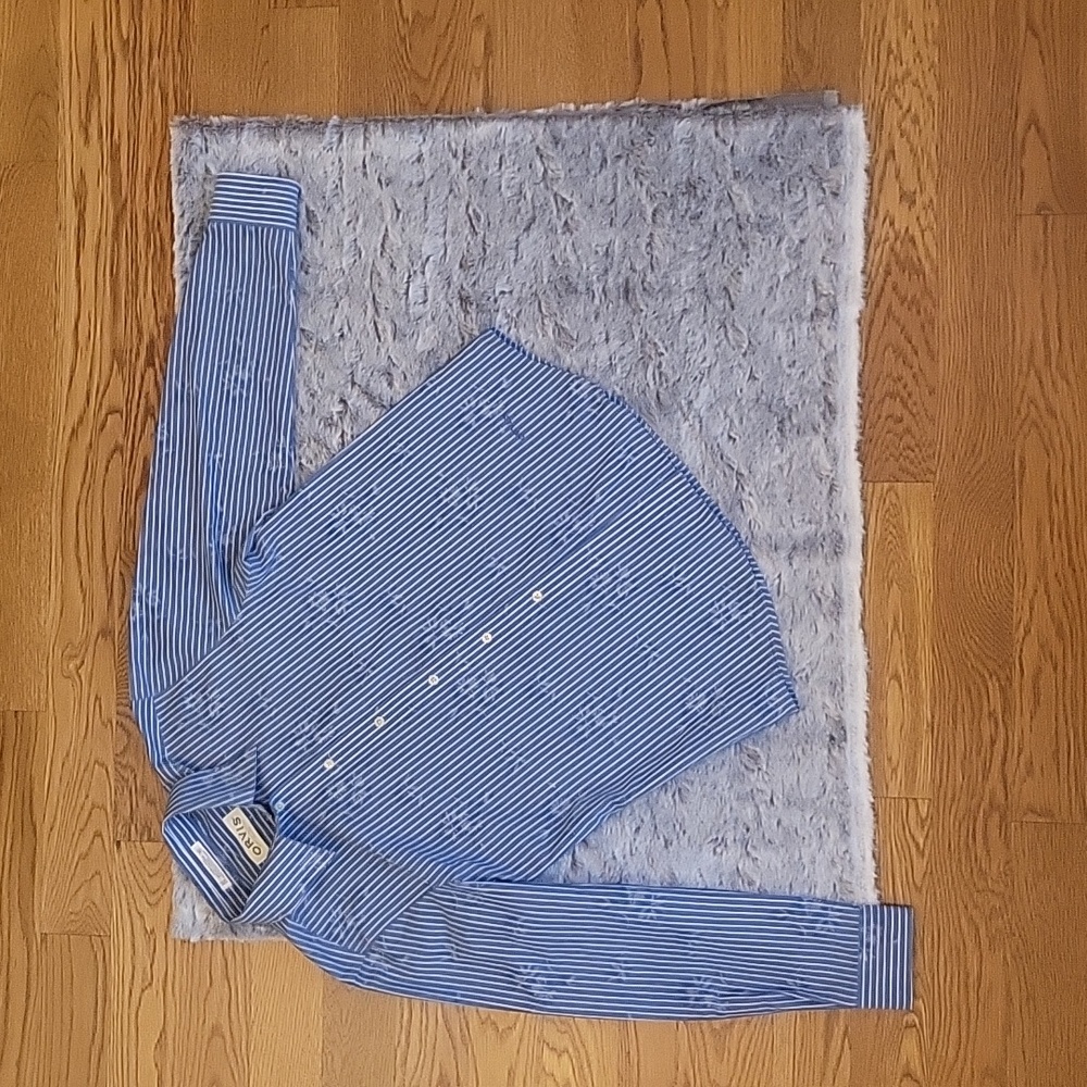 Orvis Blue/White Striped Floral Button Down Blouse, Women's Size 10